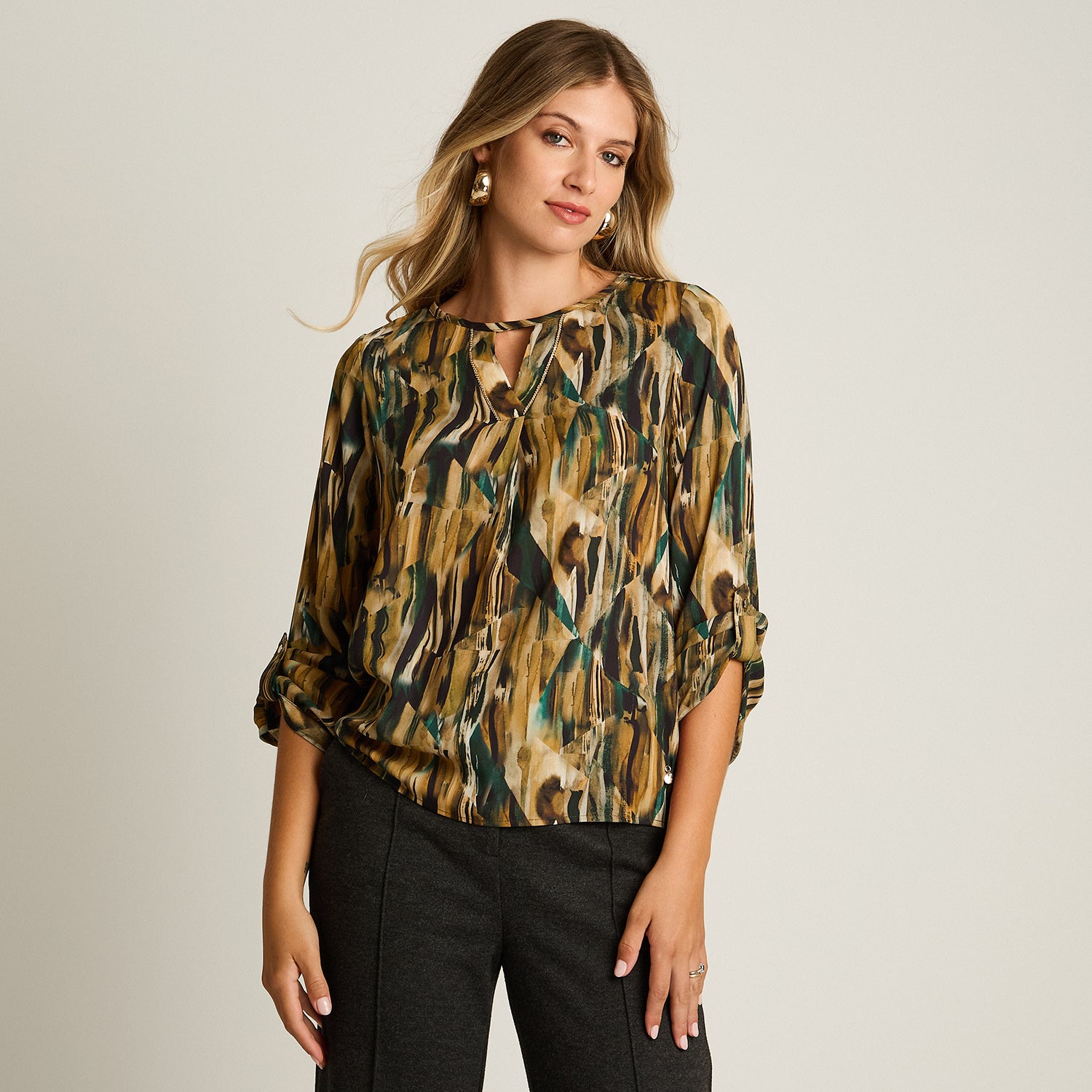 Blusa Verde Manga Larga Elasticidad Media Sin Forro Calce Normal Tela Plano